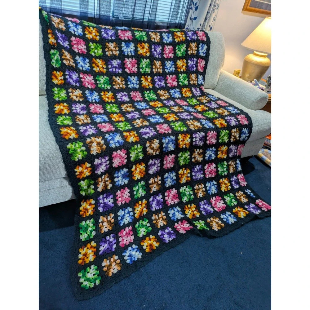 Vintage Handmade Crochet Granny Square Afghan Blanket‎ Black Multi Large Throw